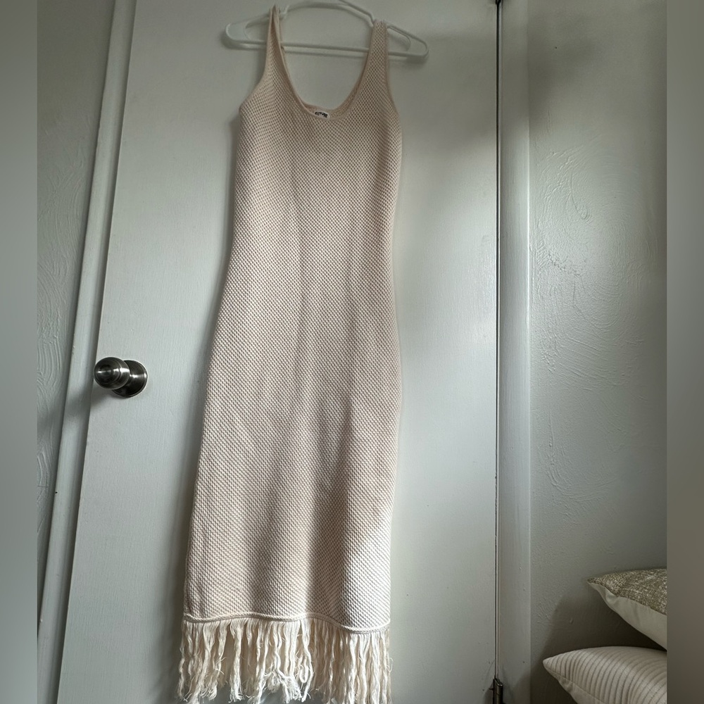 Future Collective with Alani Noelle Crochet Fringe Hem Boho Midi Dress Tan - Picture 4 of 5